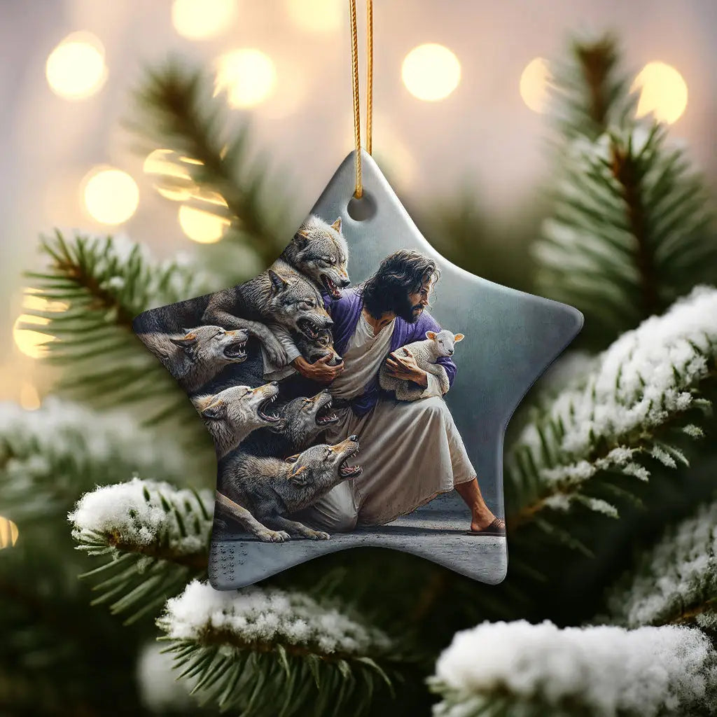 Handcrafted ornament of Jesus rescuing the lamb from wolves, representing peace and faith. Star / 1-pack