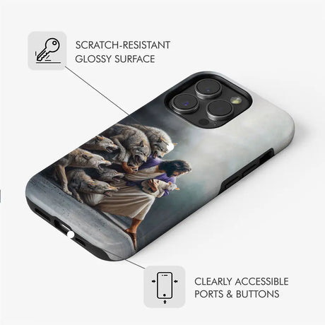 Faith-based phone case featuring Jesus protecting the lamb from wolves. Ideal Christian gift for daily inspiration.