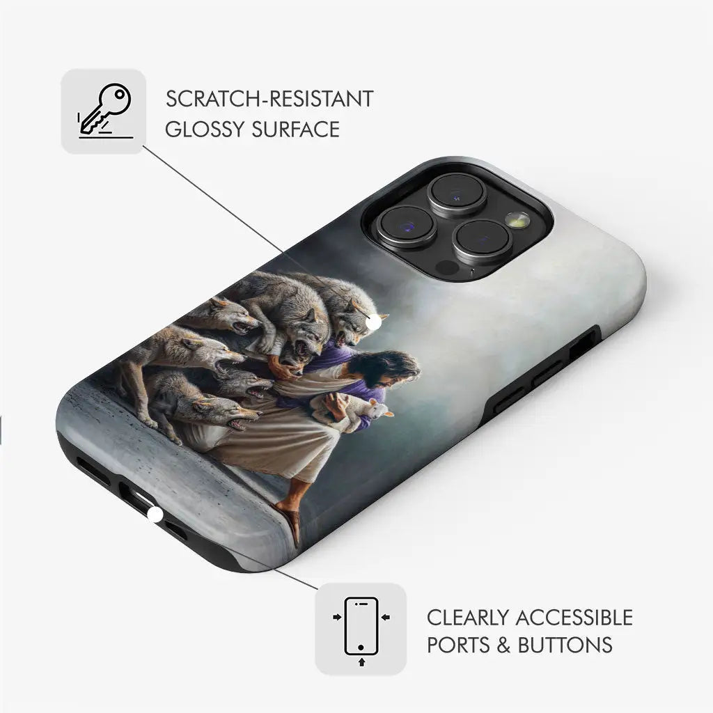 Faith-based phone case featuring Jesus protecting the lamb from wolves. Ideal Christian gift for daily inspiration.