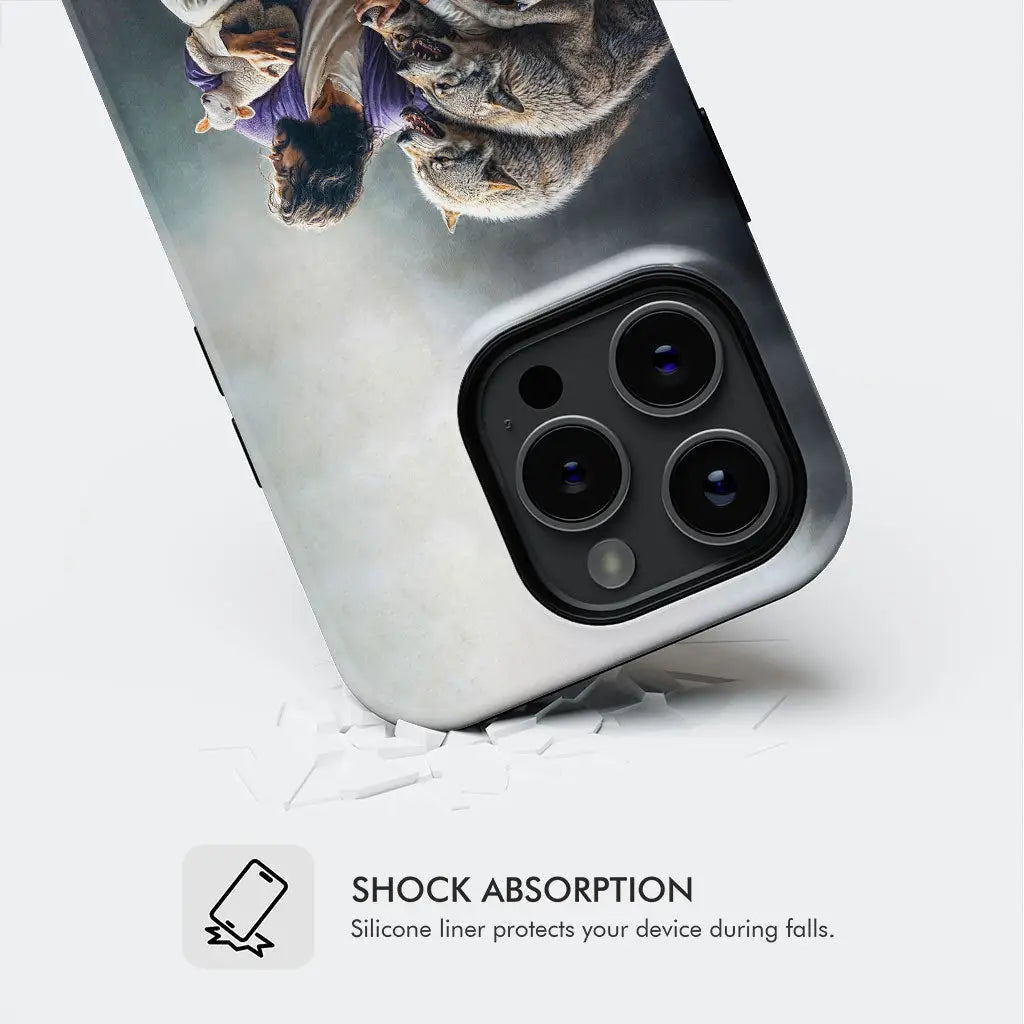 Inspirational Christian phone case: Jesus protects the lamb from wolves. A unique and faith-filled gift idea.