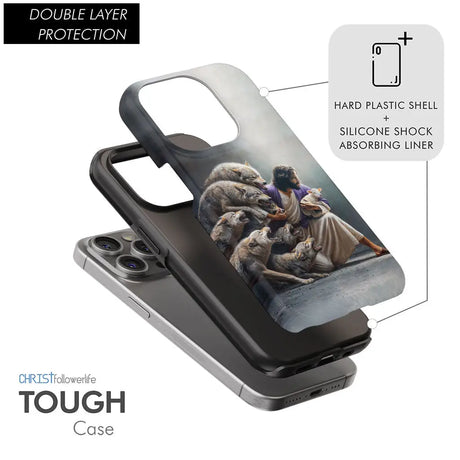 Jesus protects the lamb from wolves: Christian phone case, perfect as a meaningful and inspirational gift.