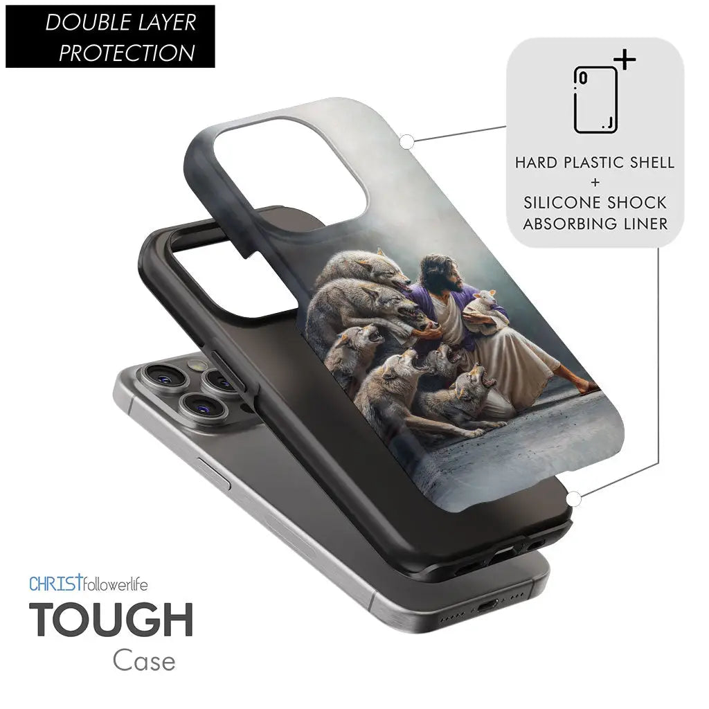 Jesus protects the lamb from wolves: Christian phone case, perfect as a meaningful and inspirational gift.