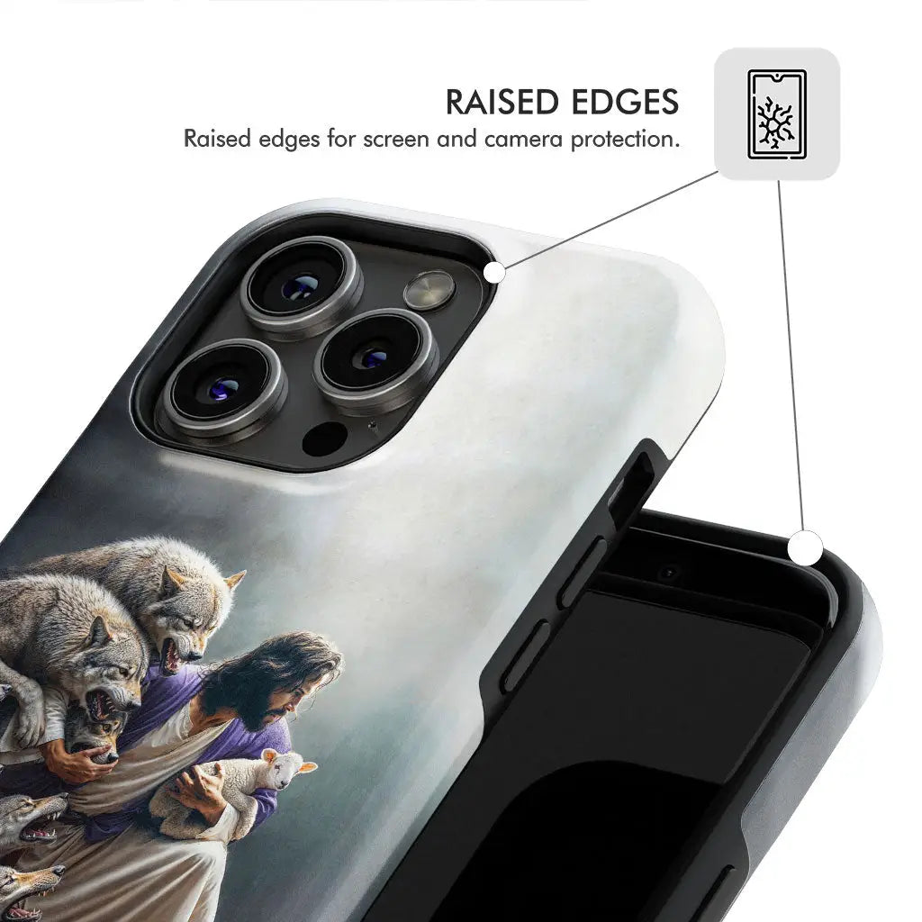 Christian gift: Phone case with Jesus protecting the lamb from wolves. Perfect for expressing faith and inspiration.