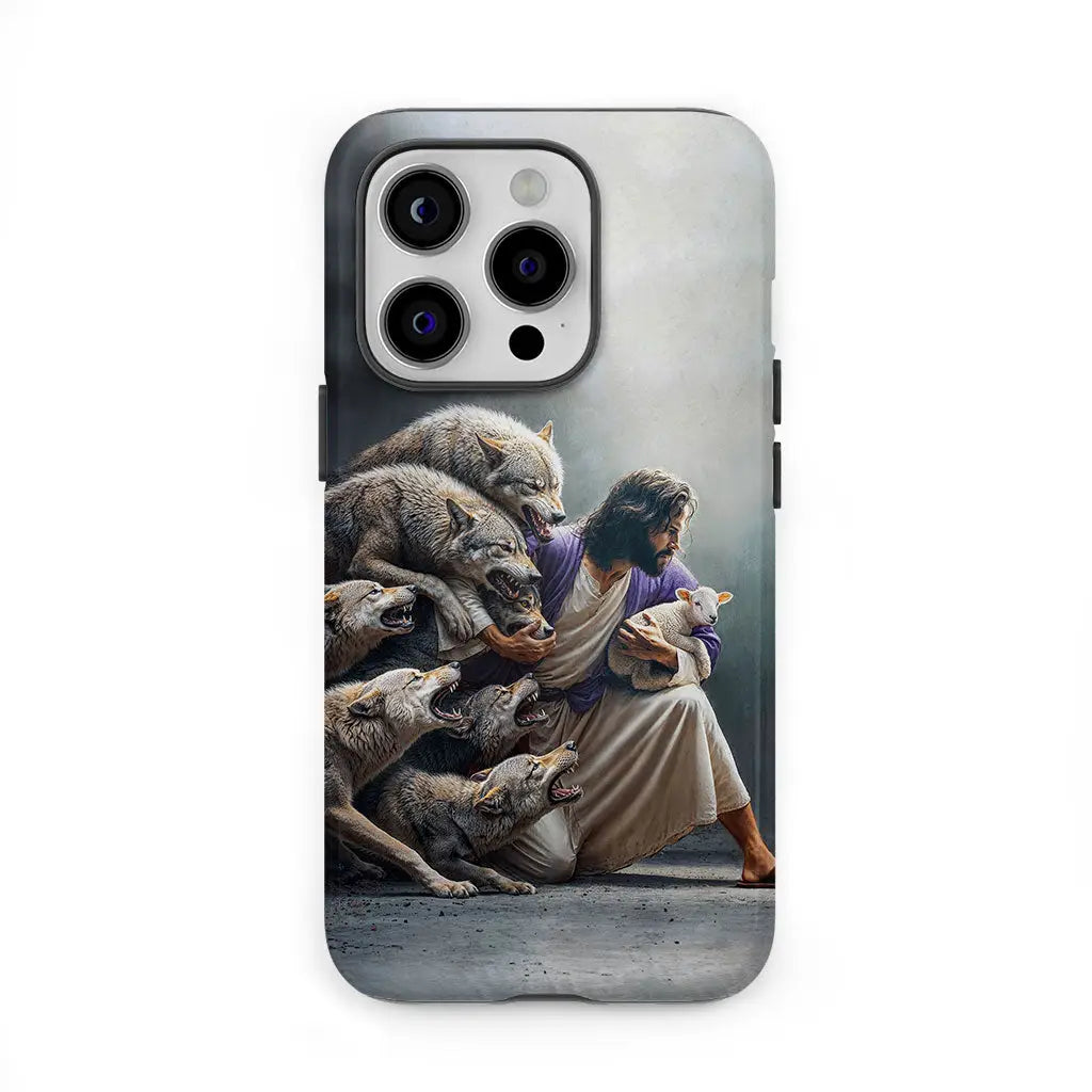 Christian phone case: Jesus protects the lamb from wolves. Inspirational and faith-based gift for believers.