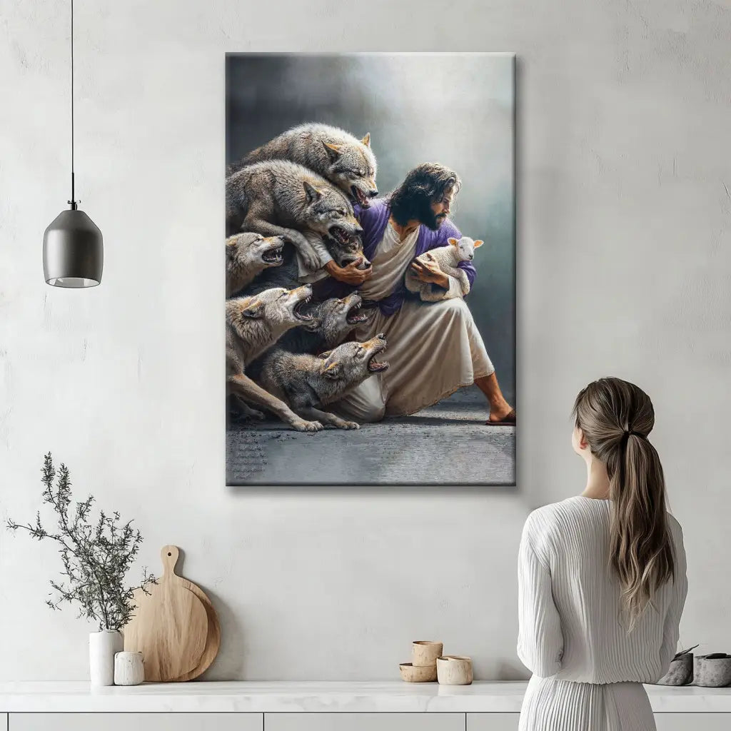 Faith-based wall art featuring Jesus protecting the lamb from wolves. Perfect Christian gift for home and religious spaces.