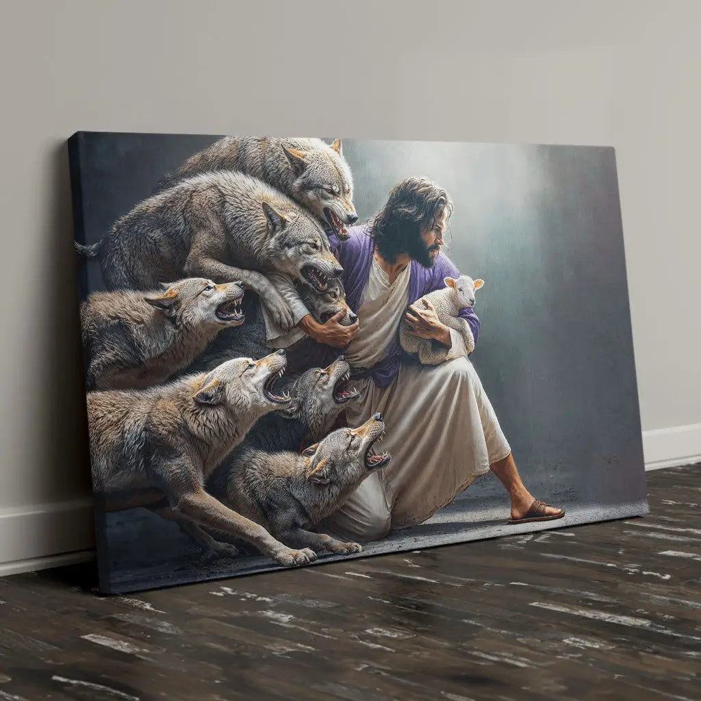 Faith-based canvas featuring Jesus protecting the lamb from wolves. A meaningful addition to Christian home decor.
