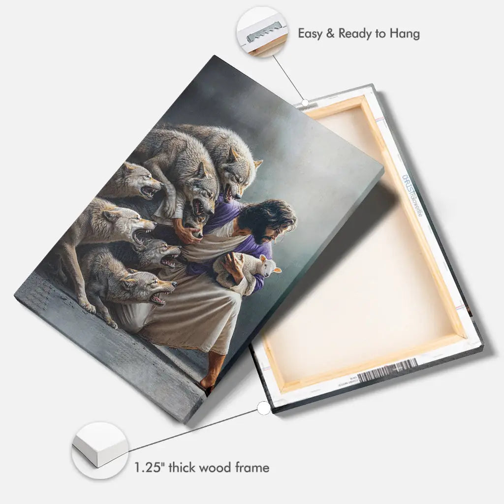 Christian wall art canvas: Jesus protects the lamb from wolves. Inspirational faith-based artwork for home decor.