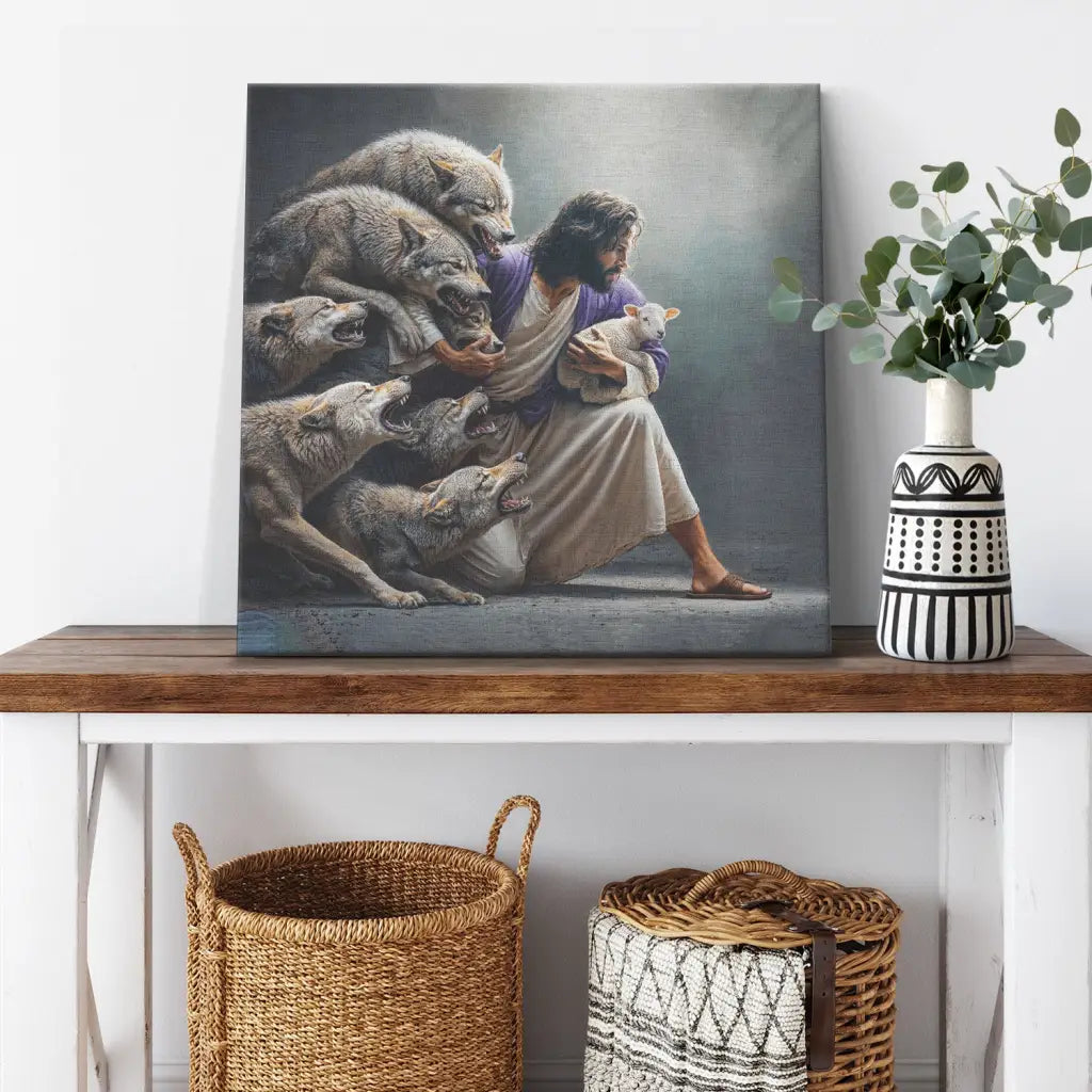 Jesus Protects the Lamb from Wolves Wall Art Canvas