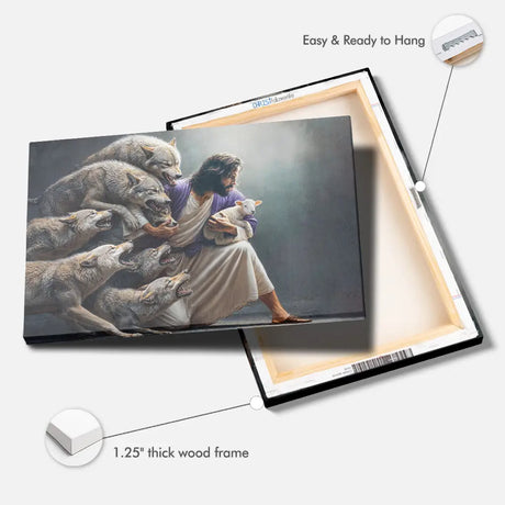 Jesus wall art canvas: "Jesus protects the lamb from wolves." Inspirational Christian art for home decor.