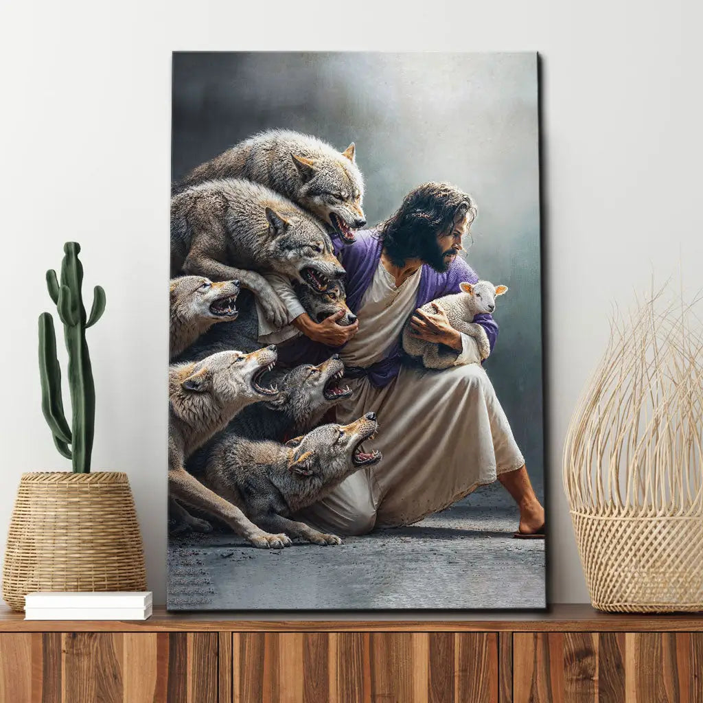 Christian canvas print of Jesus protecting the lamb from wolves. Inspirational faith-based wall art for home decor.