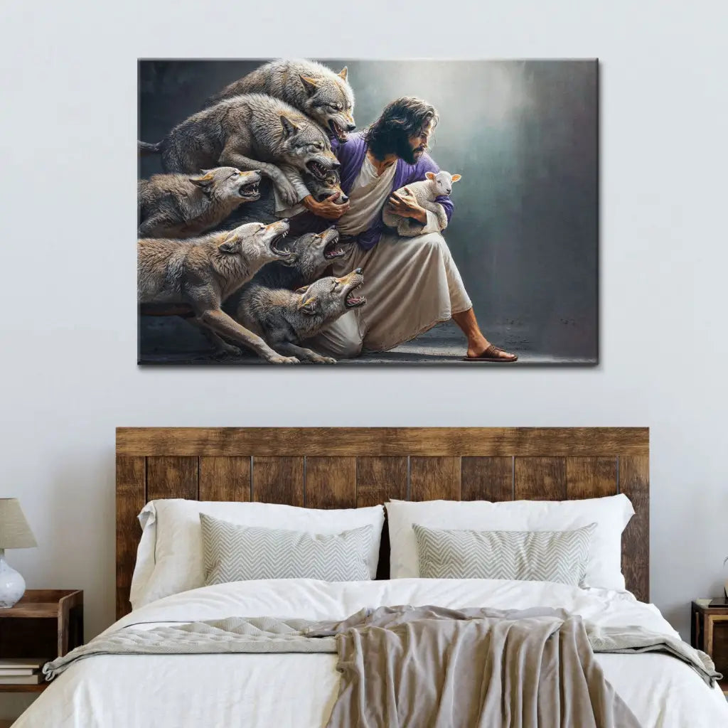 Inspirational Christian artwork: Jesus protects the lamb from wolves. A beautiful wall art canvas for religious spaces.