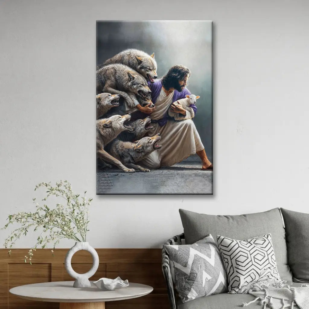 Jesus protects the lamb from wolves: Christian artwork with a powerful message of faith and protection.