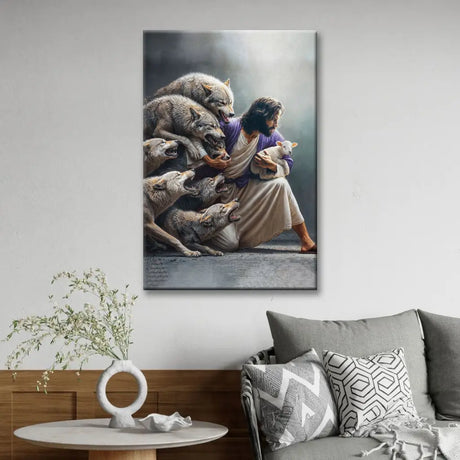 Jesus protects the lamb from wolves: Christian artwork with a powerful message of faith and protection.
