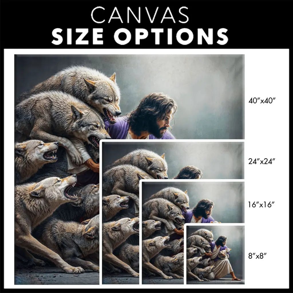 Faith-based canvas print: Jesus protects the lamb from wolves. Uplifting Christian art for homes and gifts.