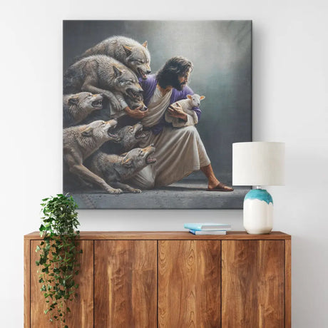 Inspirational Jesus wall art: "Jesus protects the lamb from wolves." Beautiful Christian decor for any space.