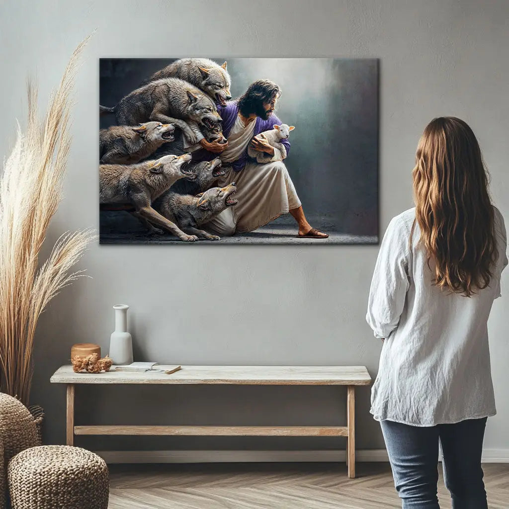 Jesus Protects The Lamb From Wolves Wall Art Canvas