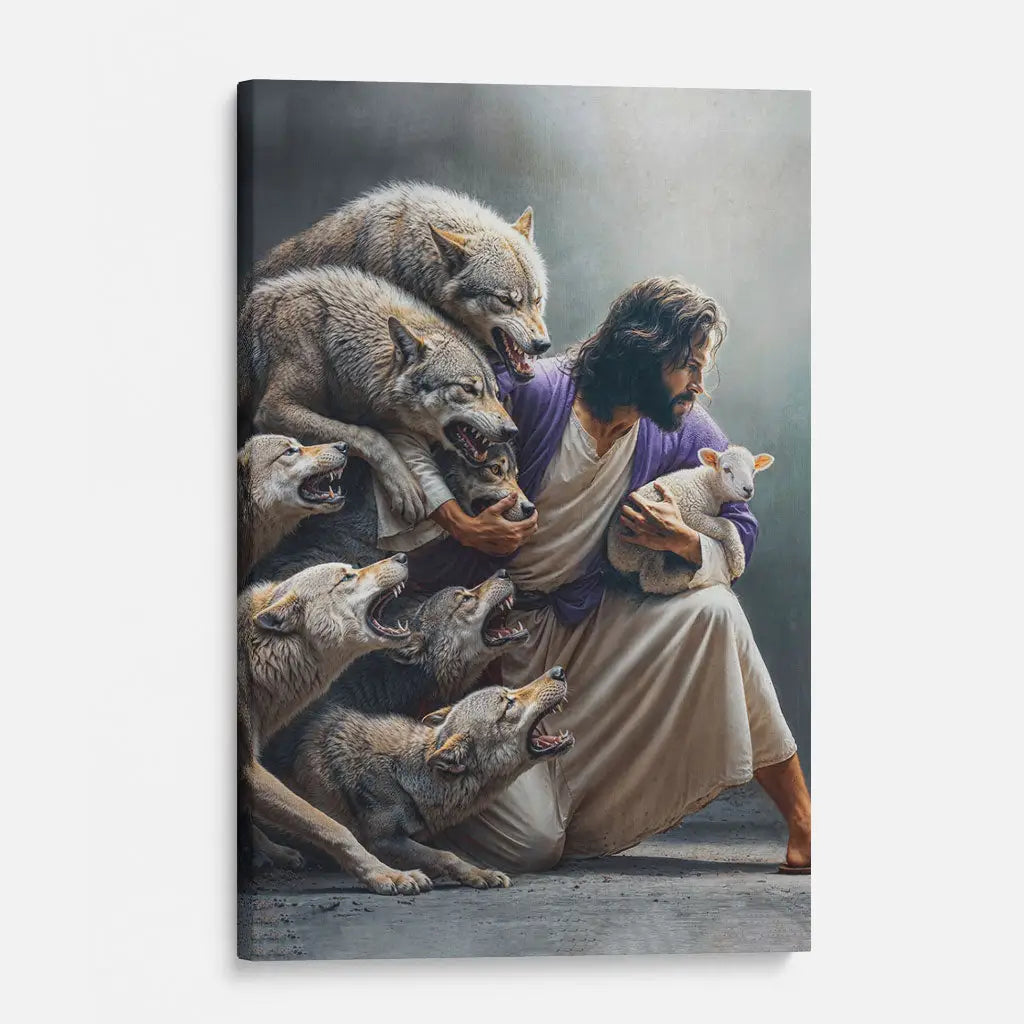 Inspirational Christian canvas print showing Jesus protecting the lamb from wolves. A meaningful Bible verse wall art.