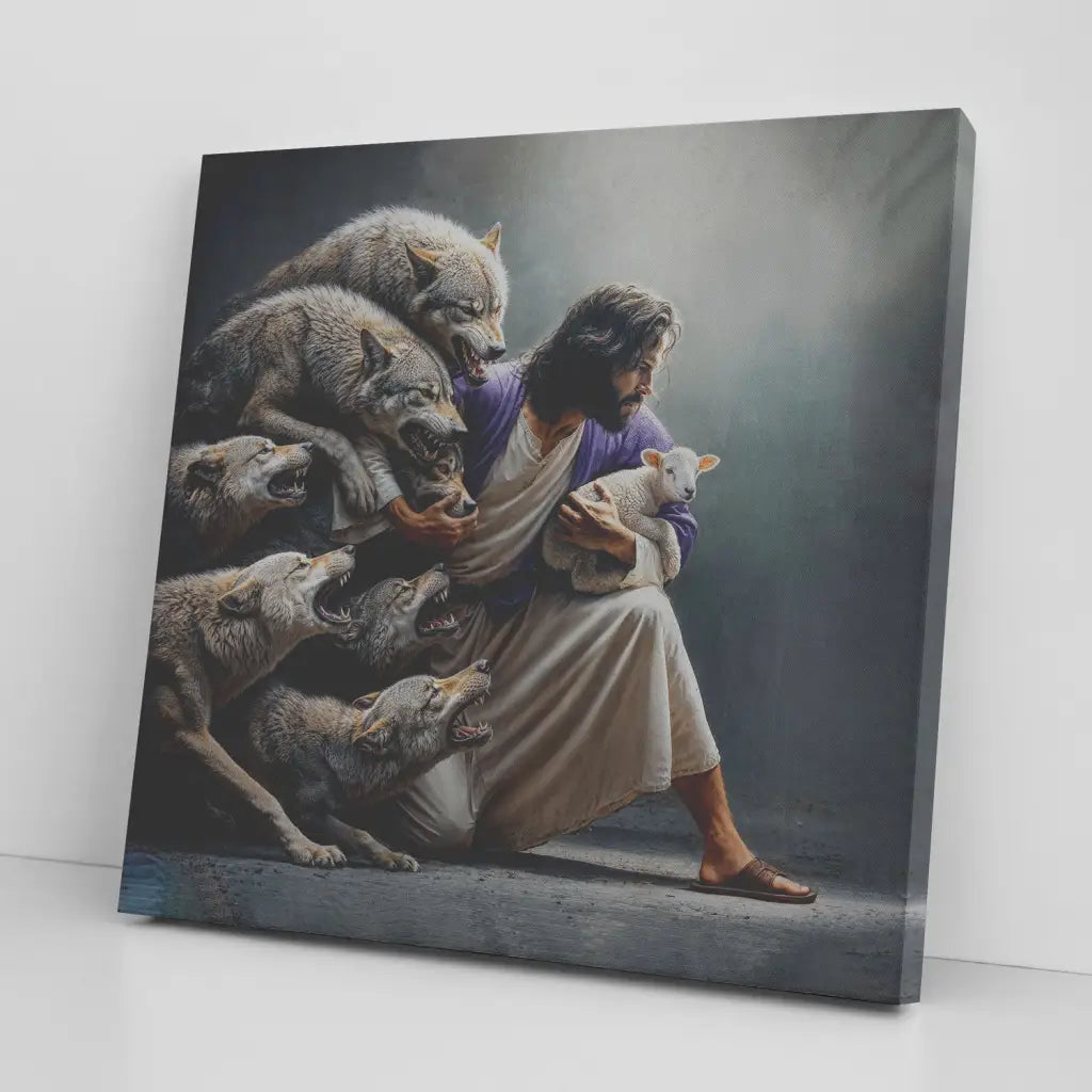 Wall art canvas with Jesus protecting the lamb from wolves. Inspiring Christian art for religious home decoration.