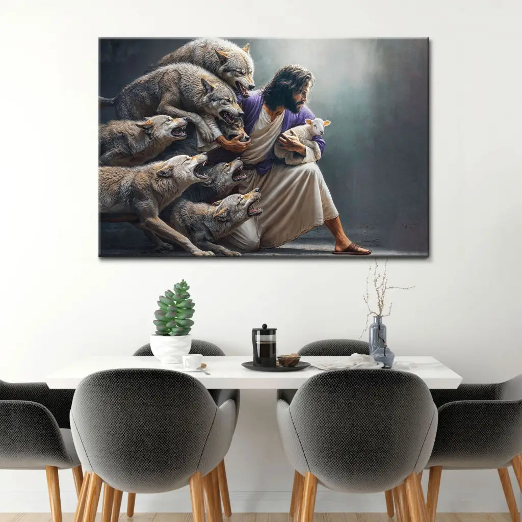 Jesus protects the lamb from wolves: Christian artwork, perfect for faith-filled home decoration and inspirational gifts.