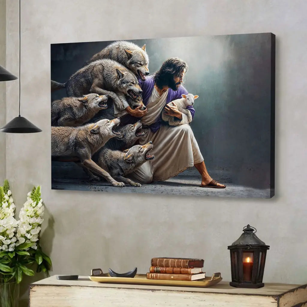 Jesus Protects The Lamb From Wolves Wall Art Canvas Landscape / 12’’ x 8’’