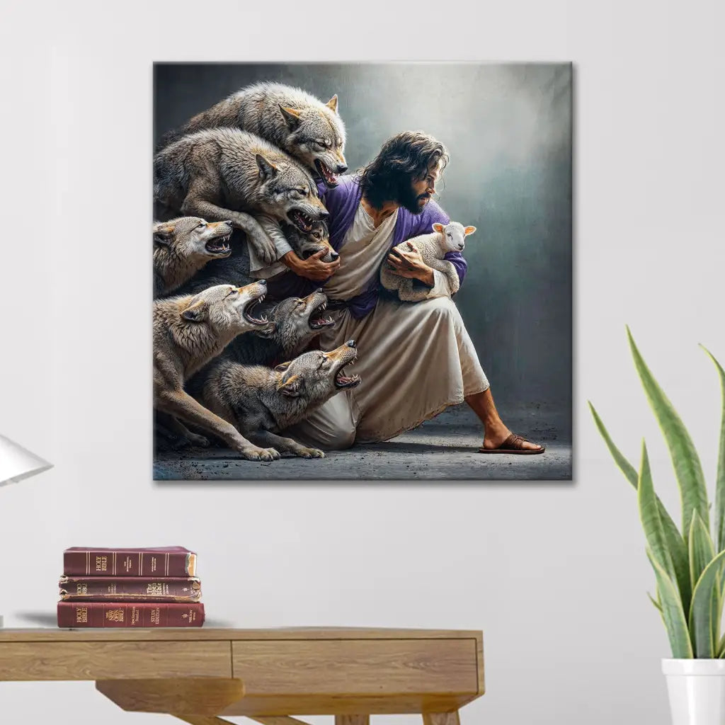 Christian art featuring Jesus protecting the lamb from wolves. A perfect faith-based wall art canvas for inspiration.