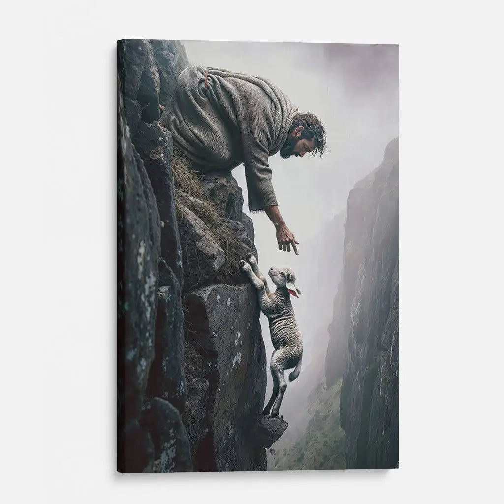 Christian wall art decor featuring Jesus reaching for a sheep on a steep cliff, ideal inspirational wall art for believers.