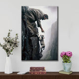 Christian canvas wall art featuring Jesus reaching for a lost sheep on a steep cliff, perfect faith-based home decor.