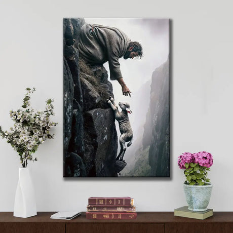 Christian canvas wall art featuring Jesus reaching for a lost sheep on a steep cliff, perfect faith-based home decor.