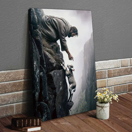 Inspirational wall art canvas print with Jesus saving a lost sheep on a cliff, ideal Christian wall art for homes.