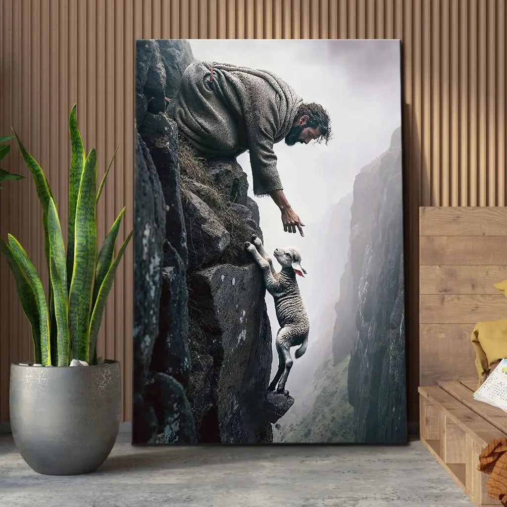 Faith-based wall art canvas with Jesus rescuing a sheep on a steep cliff, great religious decor for Christian homes.