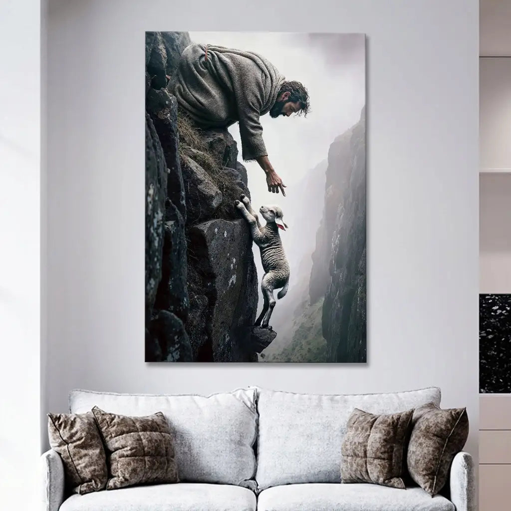 Religious canvas wall art showing Jesus reaching for a lost sheep on a cliff, perfect for faith-filled home decor.