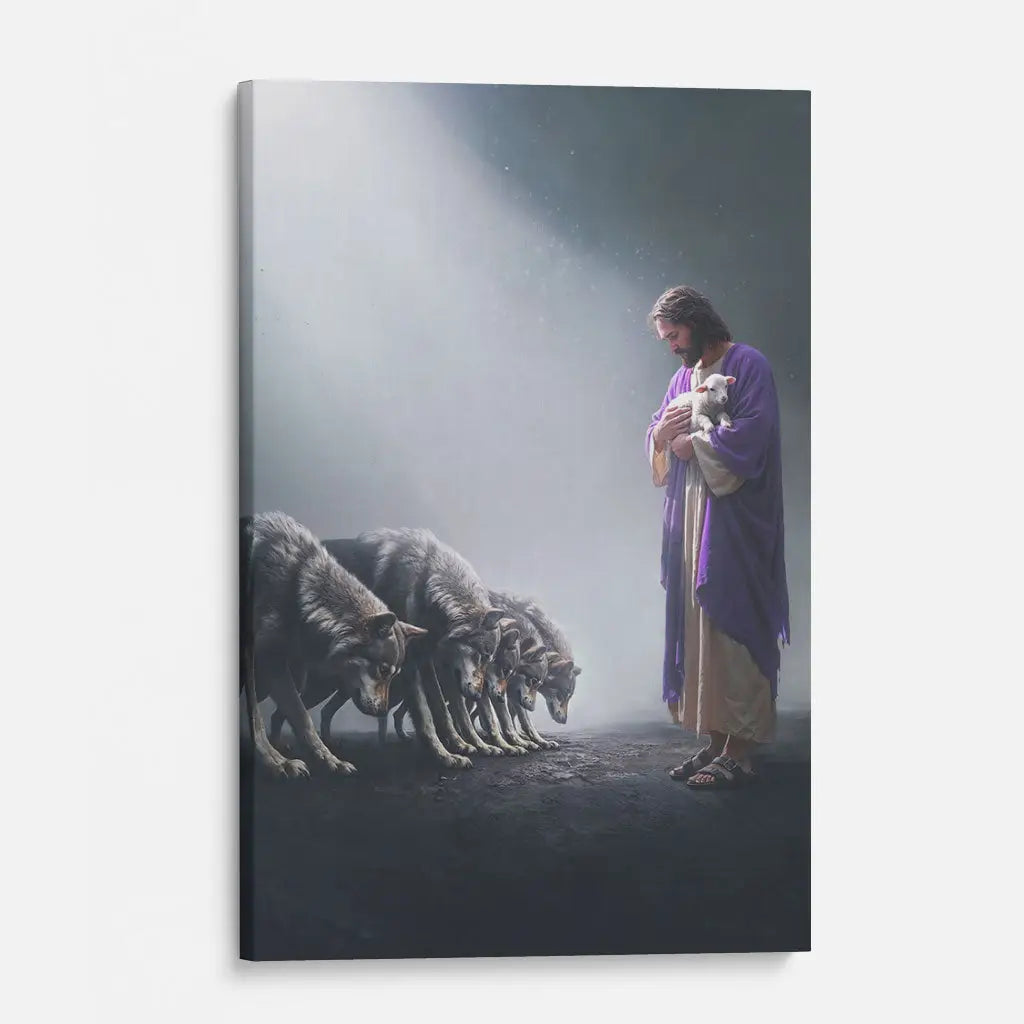 "Jesus Holds a Lamb as Wolves Bow Down" portrait canvas, a meaningful Christian gift of faith and salvation.