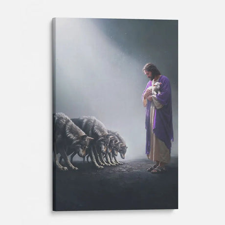 "Jesus Holds a Lamb as Wolves Bow Down" portrait canvas, a meaningful Christian gift of faith and salvation.