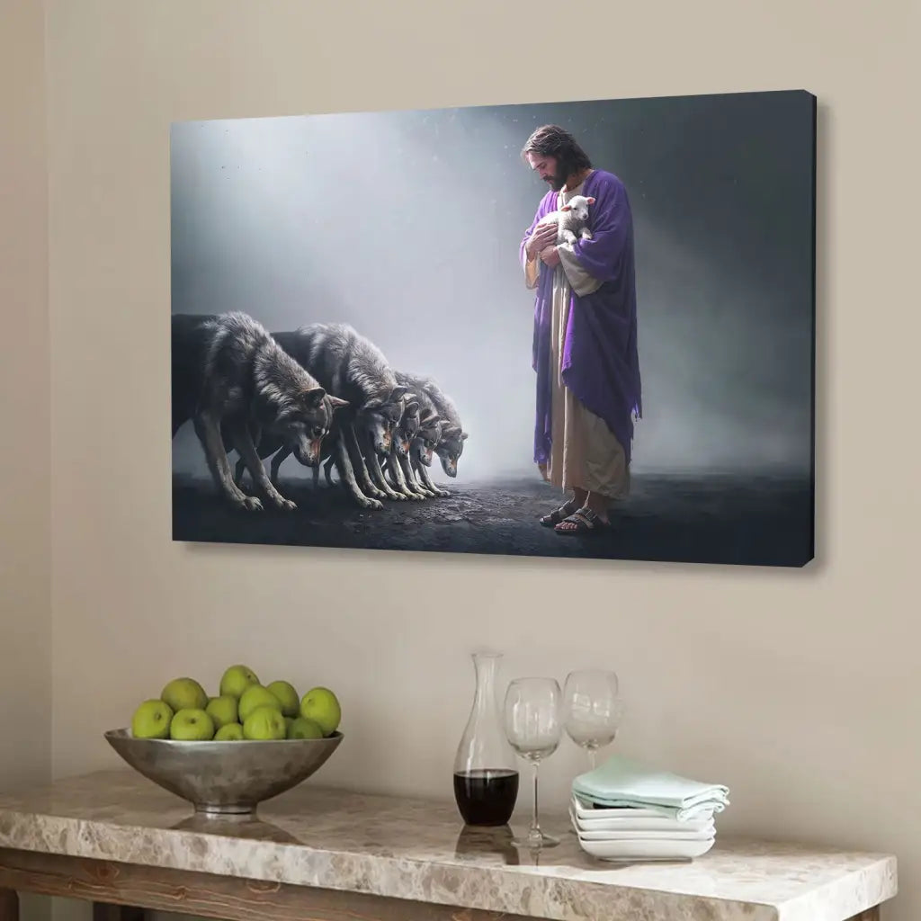 Christian wall art canvas of Jesus holding a lamb as wolves bow down, symbolizing faith, protection, and divine power.