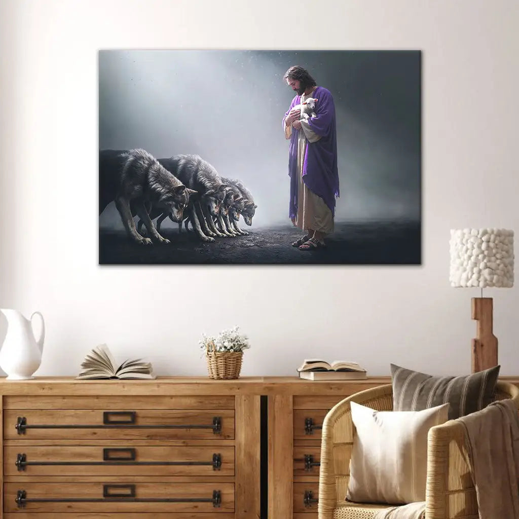 &quot;Jesus Holds a Lamb as Wolves Bow Down&quot; canvas, a meaningful Christian gift reflecting God’s authority, faith, and salvation.