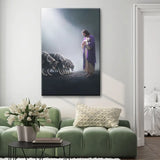 Inspirational Christian portrait canvas of Jesus with a lamb, as wolves bow, a faith-based reminder of God's power.