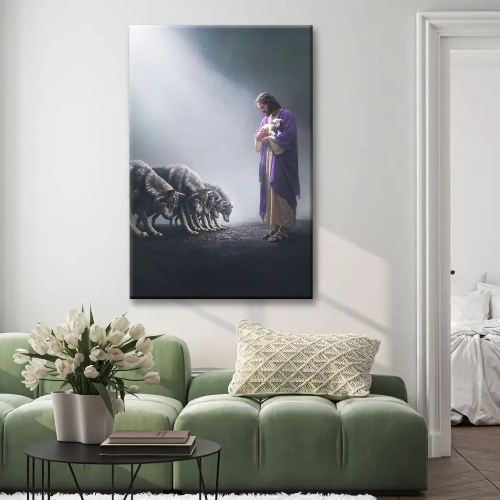 Inspirational Christian portrait canvas of Jesus with a lamb, as wolves bow, a faith-based reminder of God&#39;s power.