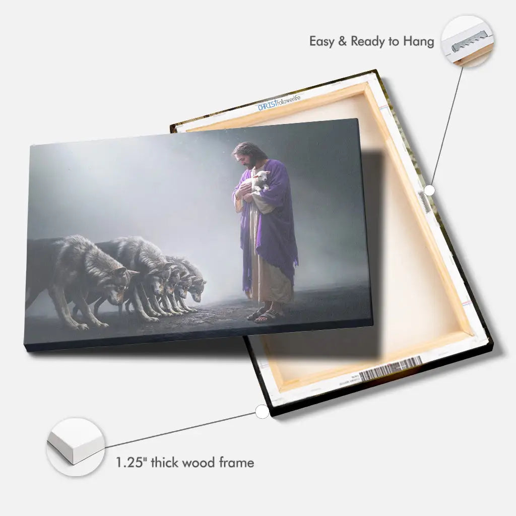 Bible-inspired Christian wall art of Jesus holding a lamb, with wolves bowing in submission, a striking display of faith and scripture.