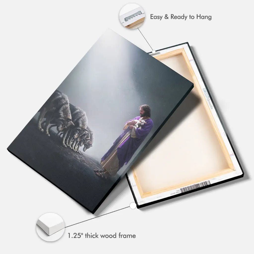 Bible-inspired Christian wall art portrait of Jesus holding a lamb, with wolves bowing in submission, a symbol of faith.