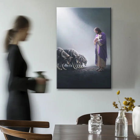 Jesus holds a lamb while wolves bow, a stunning Christian artwork reflecting scripture, faith, and Jesus’ love.