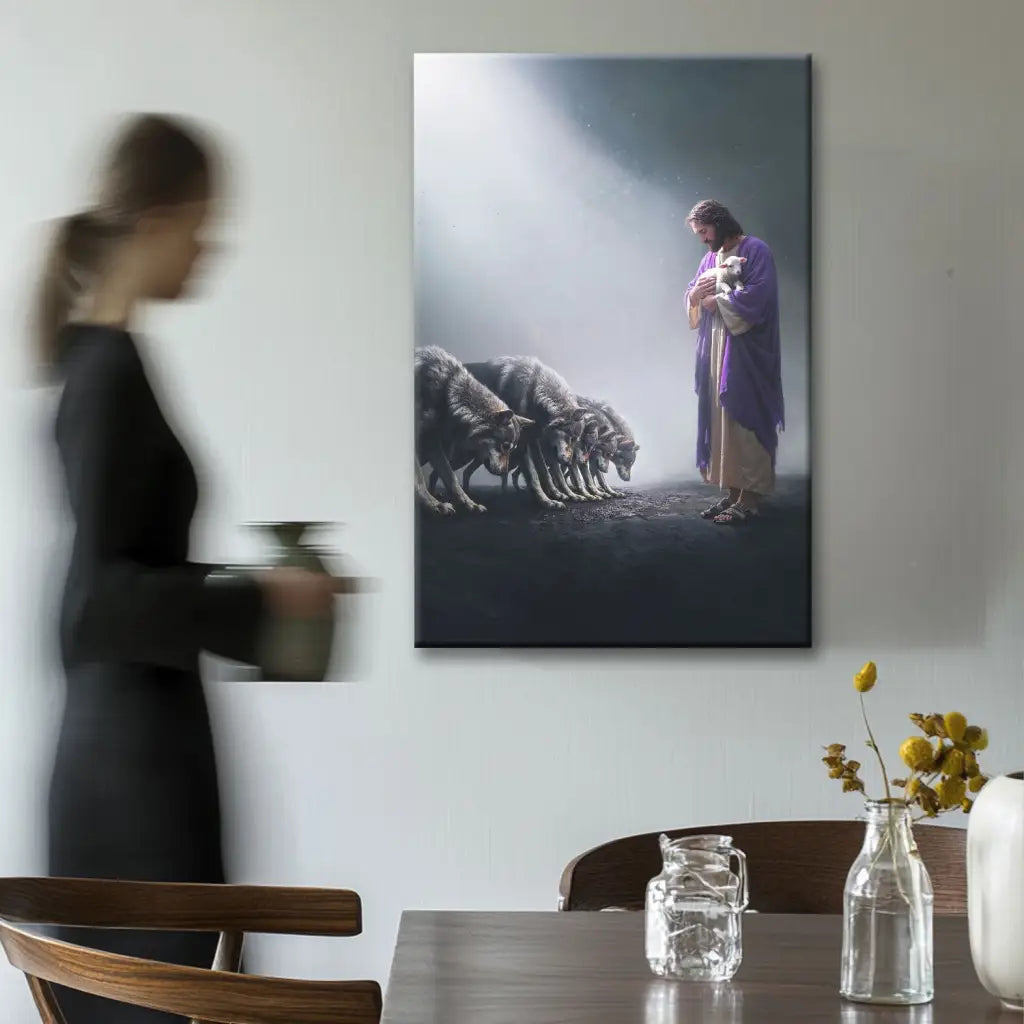 Jesus holds a lamb while wolves bow, a stunning Christian artwork reflecting scripture, faith, and Jesus’ love.