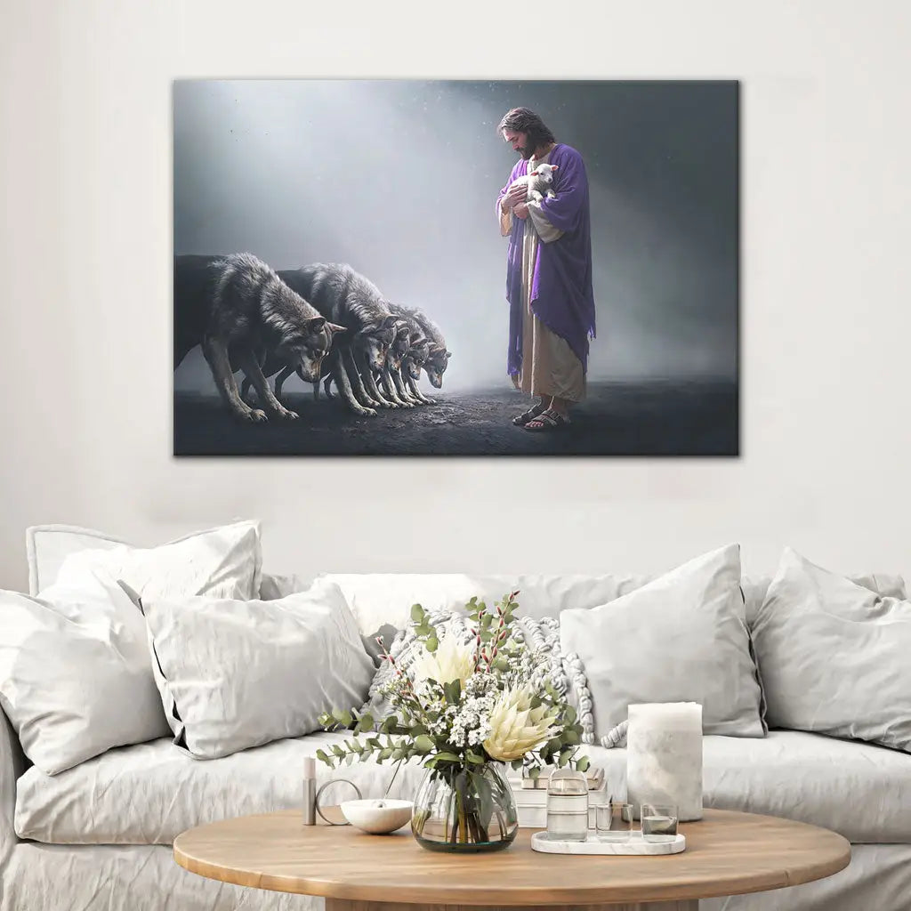 Inspirational Christian wall art featuring Jesus with a lamb, as wolves bow in reverence, a faith-based reminder of God&#39;s strength.