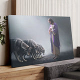 "Jesus Holds a Lamb as Wolves Bow Down" canvas, a meaningful Christian gift reflecting God’s authority, faith, and salvation.