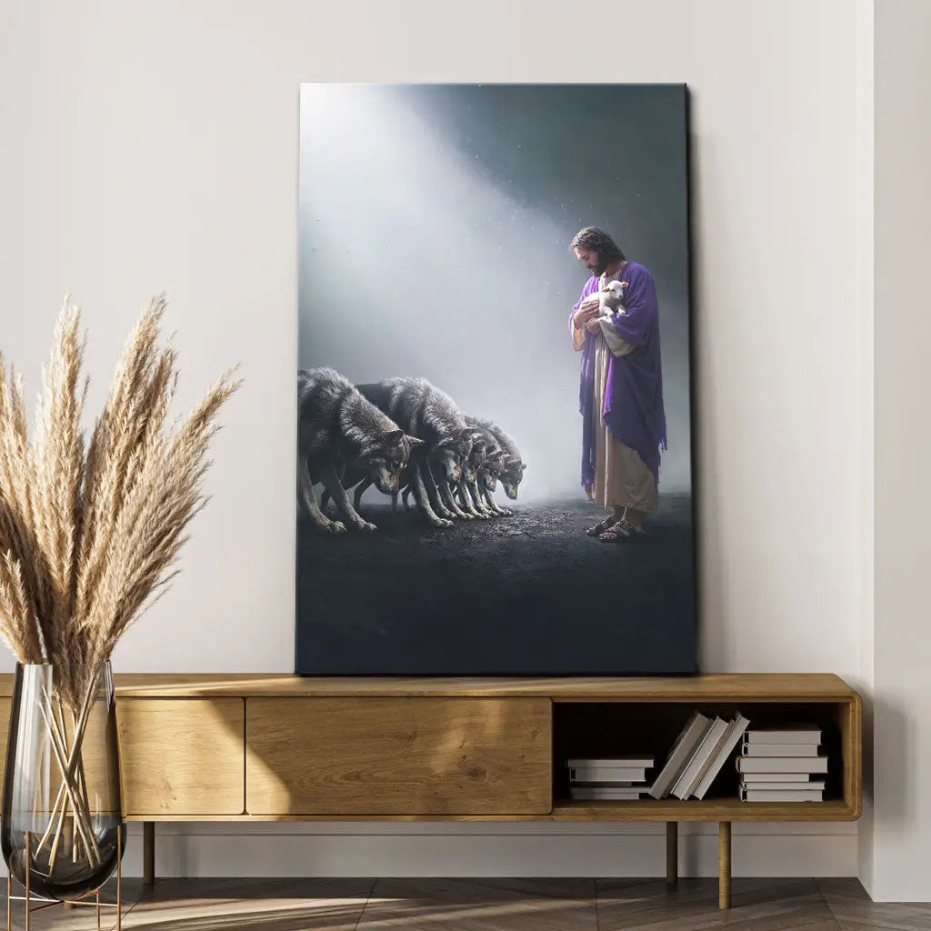 Christian wall art portrait of Jesus holding a lamb as wolves bow down, symbolizing faith and divine protection.