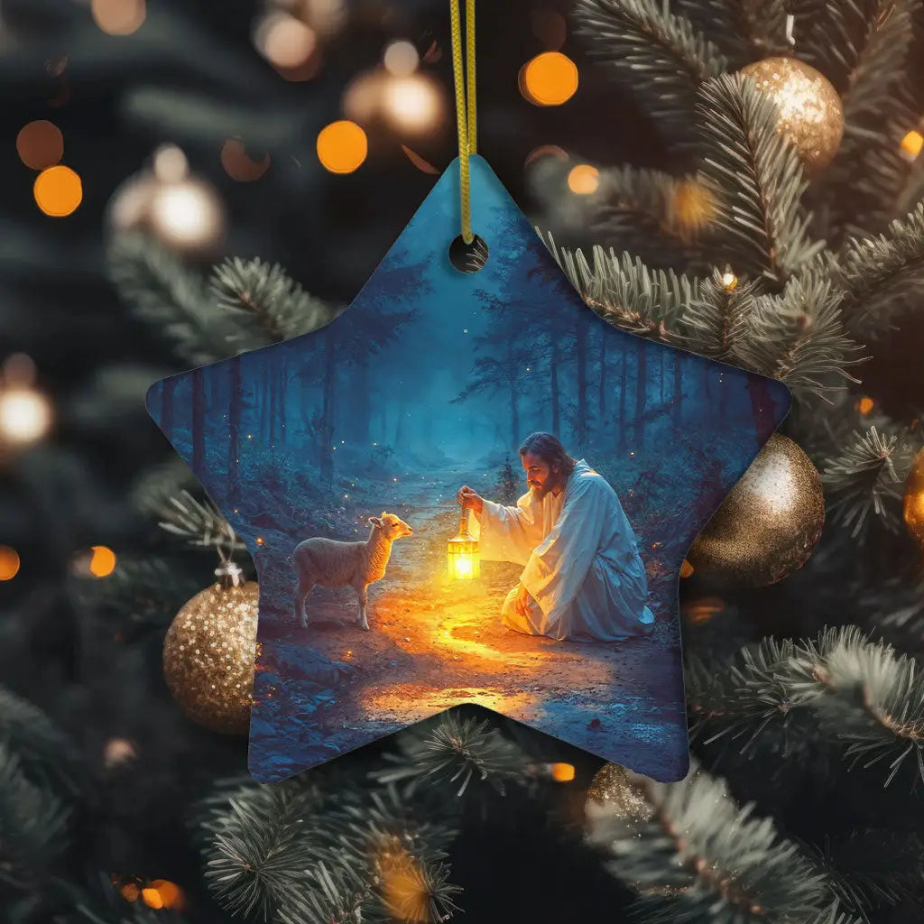 Christian ornament depicting Jesus saving a lamb at night, a symbol of love and care.