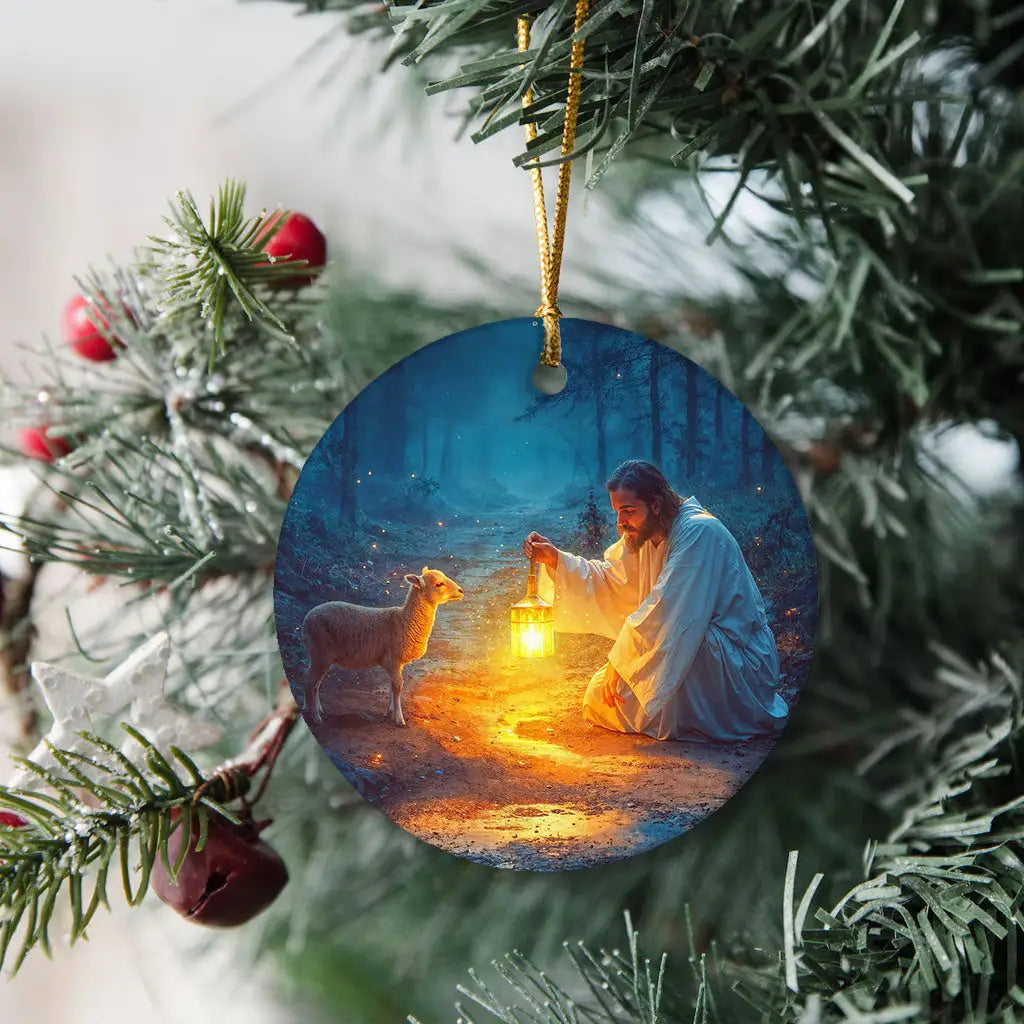 Faith-based ornament of Jesus rescuing a lamb, ideal for meaningful Christian gifts.