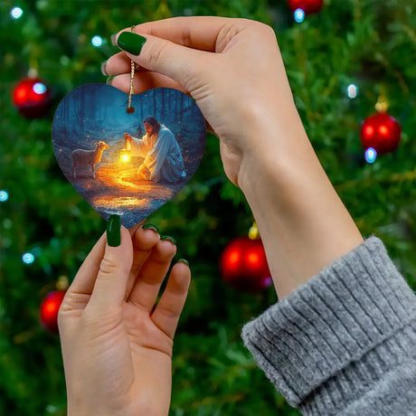 Christian Christmas ornament with Jesus and the lost sheep, perfect for faith-filled gifting.