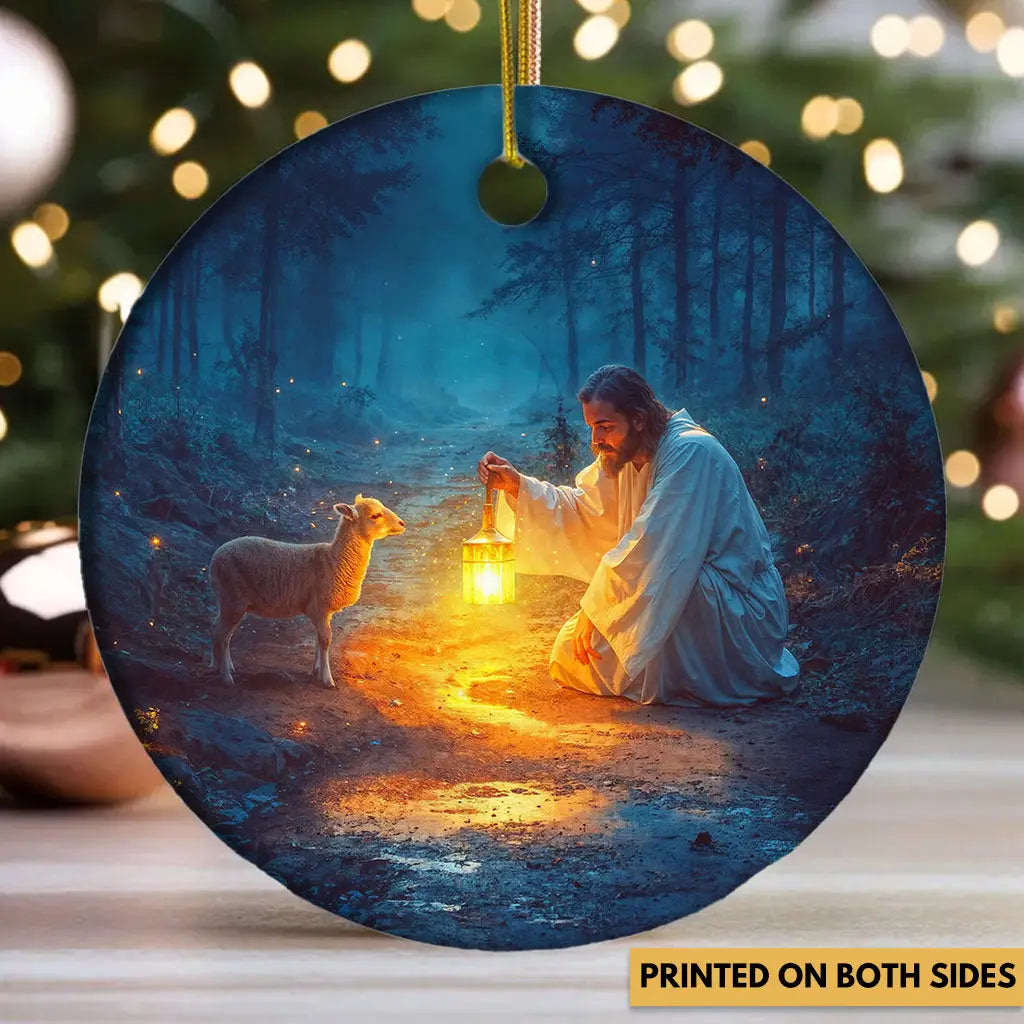 Jesus rescuing a lamb ornament, a heartfelt Christian gift and decor for Christmas.