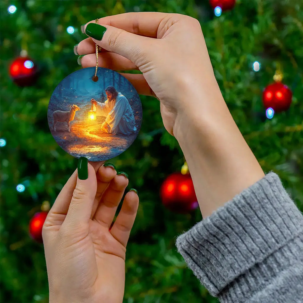 Inspirational Christmas ornament featuring Jesus and a lost sheep, perfect for holiday decor.