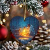 Inspirational ornament of Jesus saving a lamb at night, symbolizing hope and faith.